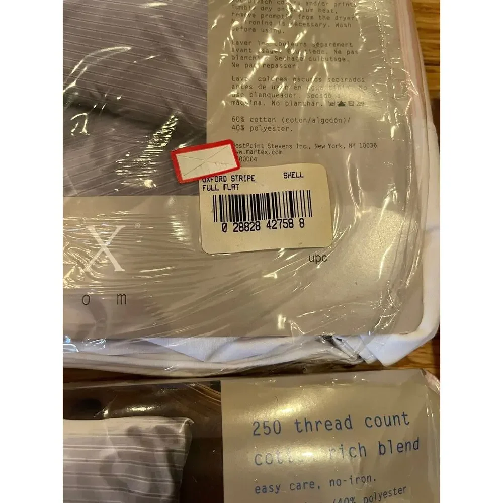 NOS Martex Full Sheet Set 4 pc Oxford Stripe Pink 250 Thread Ct Vintage